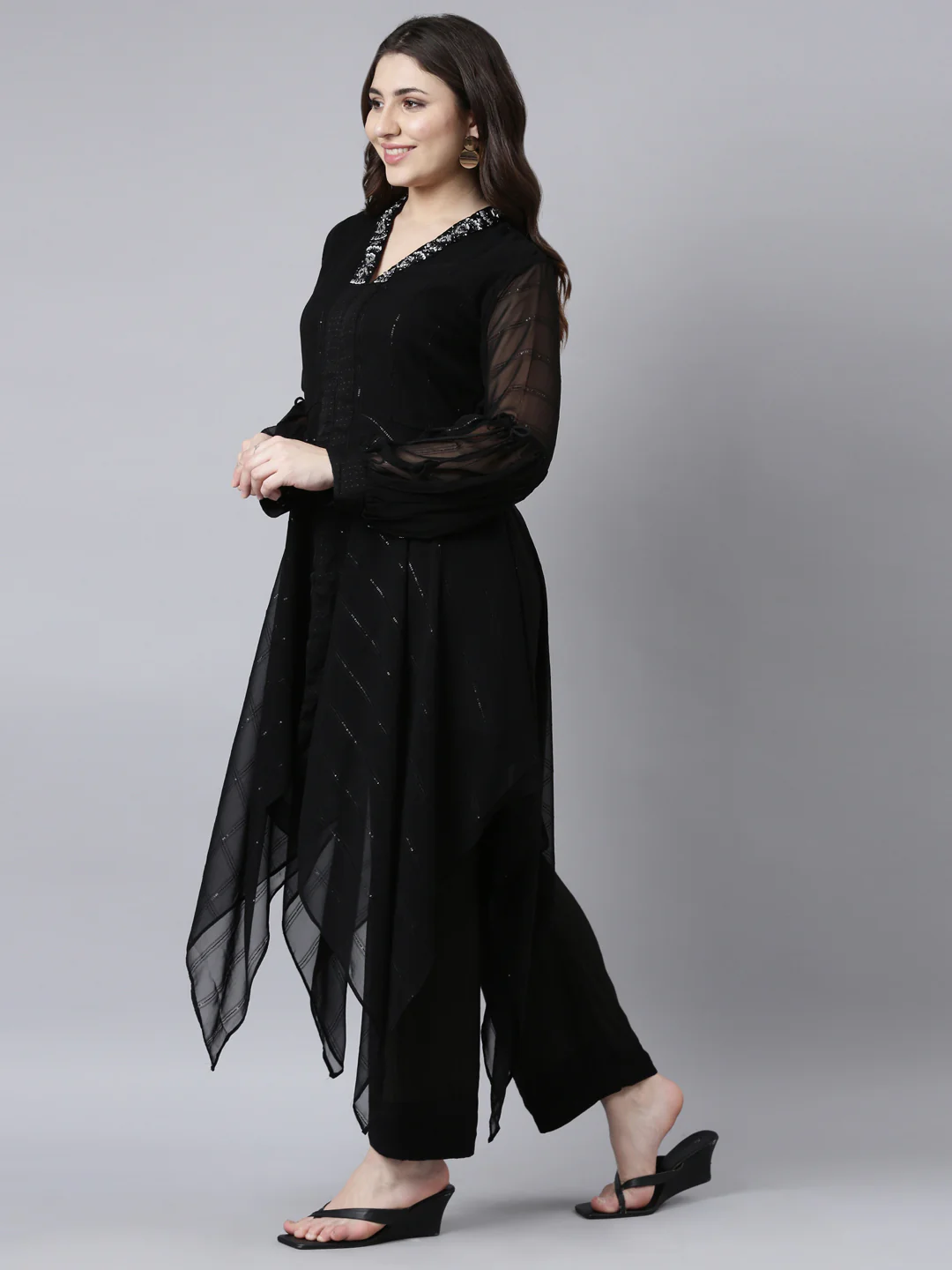 Neerus Black Regular High-Low Solid Kurta And Trousers - Image 2