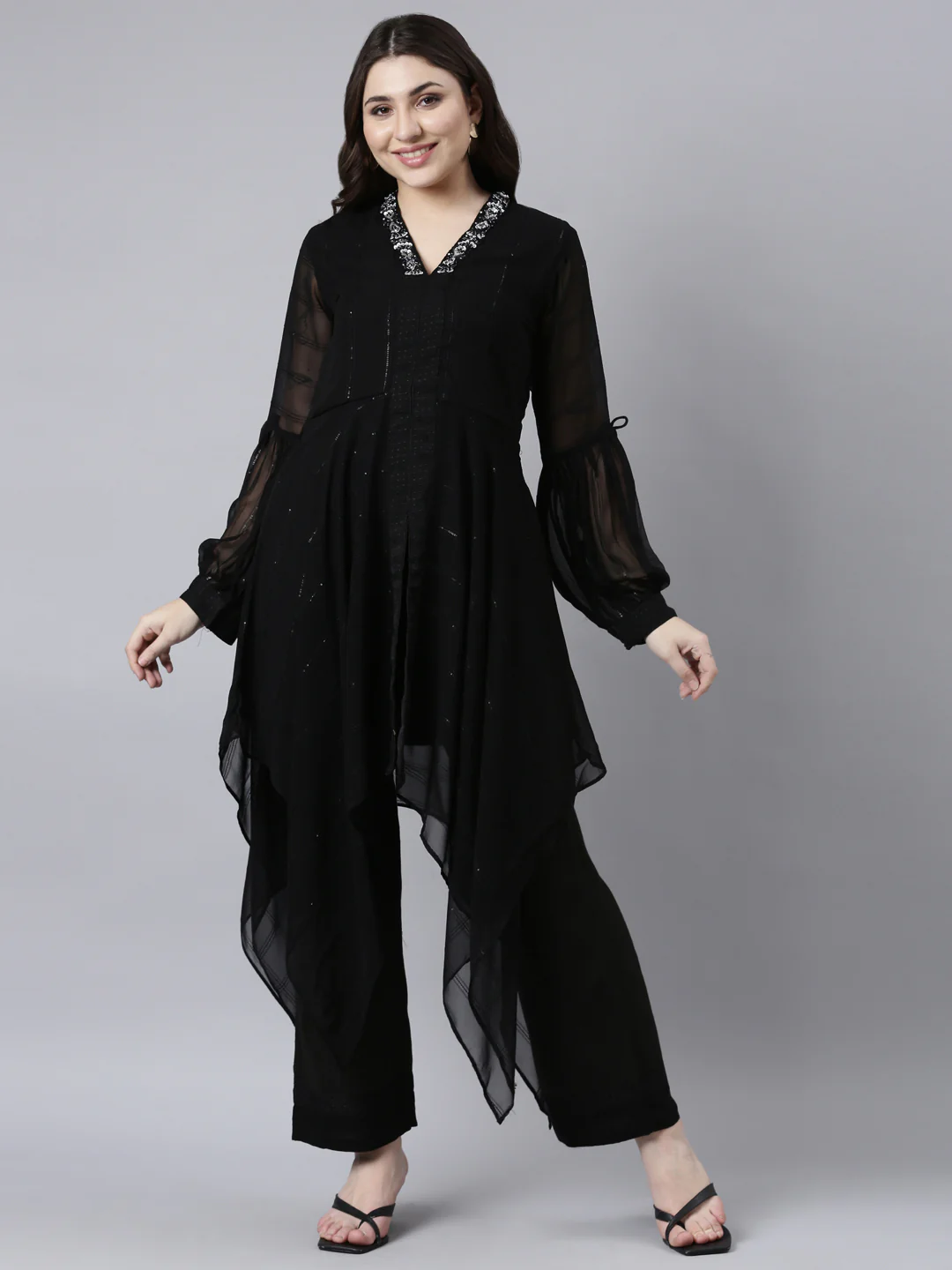 Neerus Black Regular High-Low Solid Kurta And Trousers - Image 5