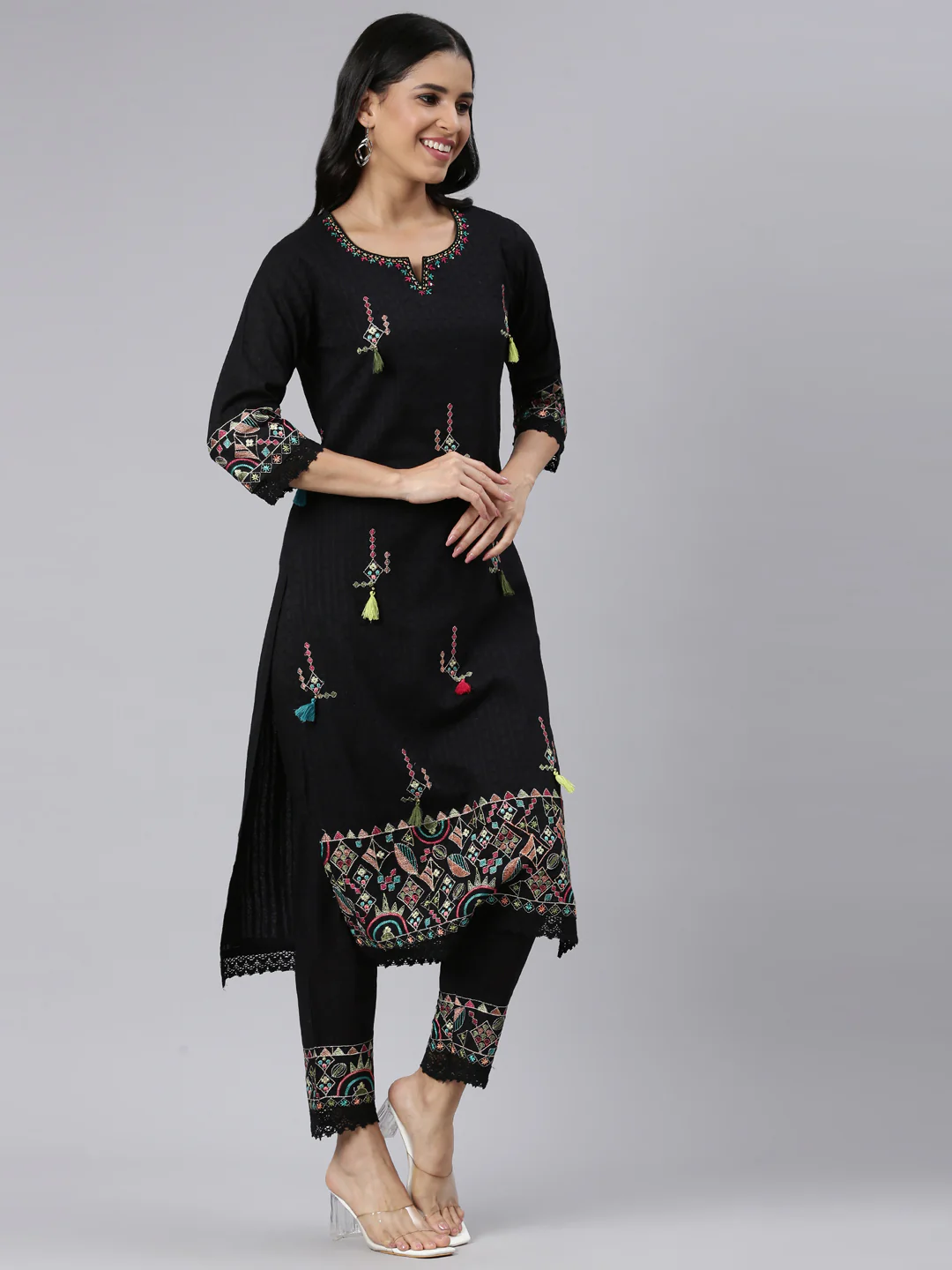 Neerus Black Regular Straight Embroidered Kurta and Trousers With Dupatta - Image 2