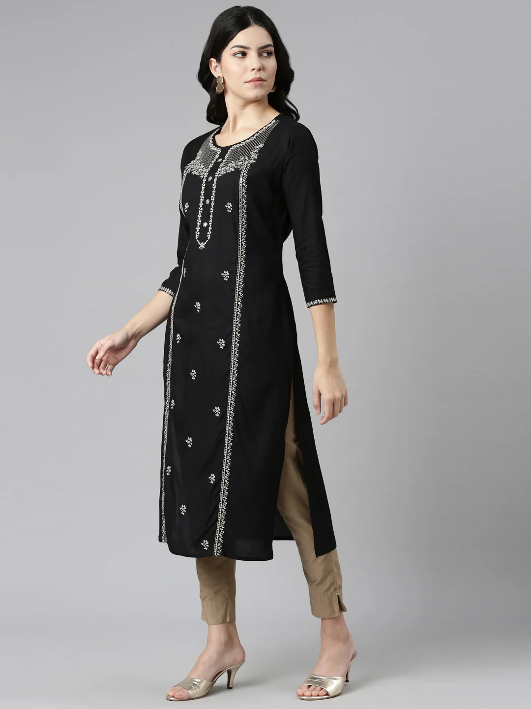 Neerus Black Regular Straight Embroidered Kurta - Image 2