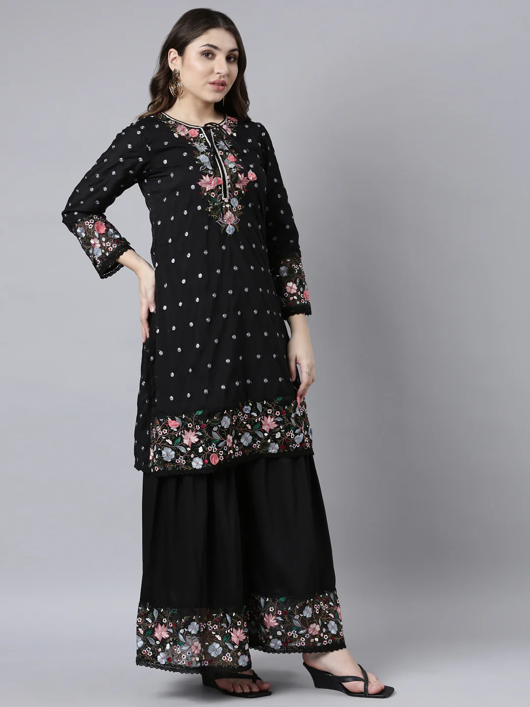 Neerus Black Regular Straight Floral Kurta And Sharara With Dupatta - Image 2