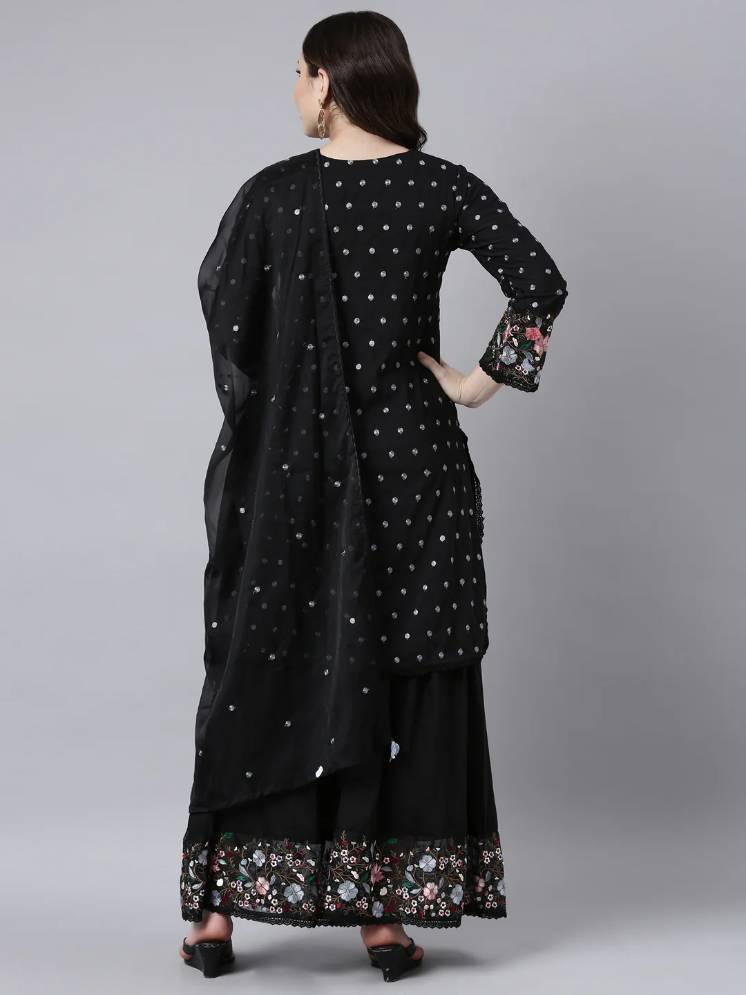 Neerus Black Regular Straight Floral Kurta And Sharara With Dupatta - Image 3