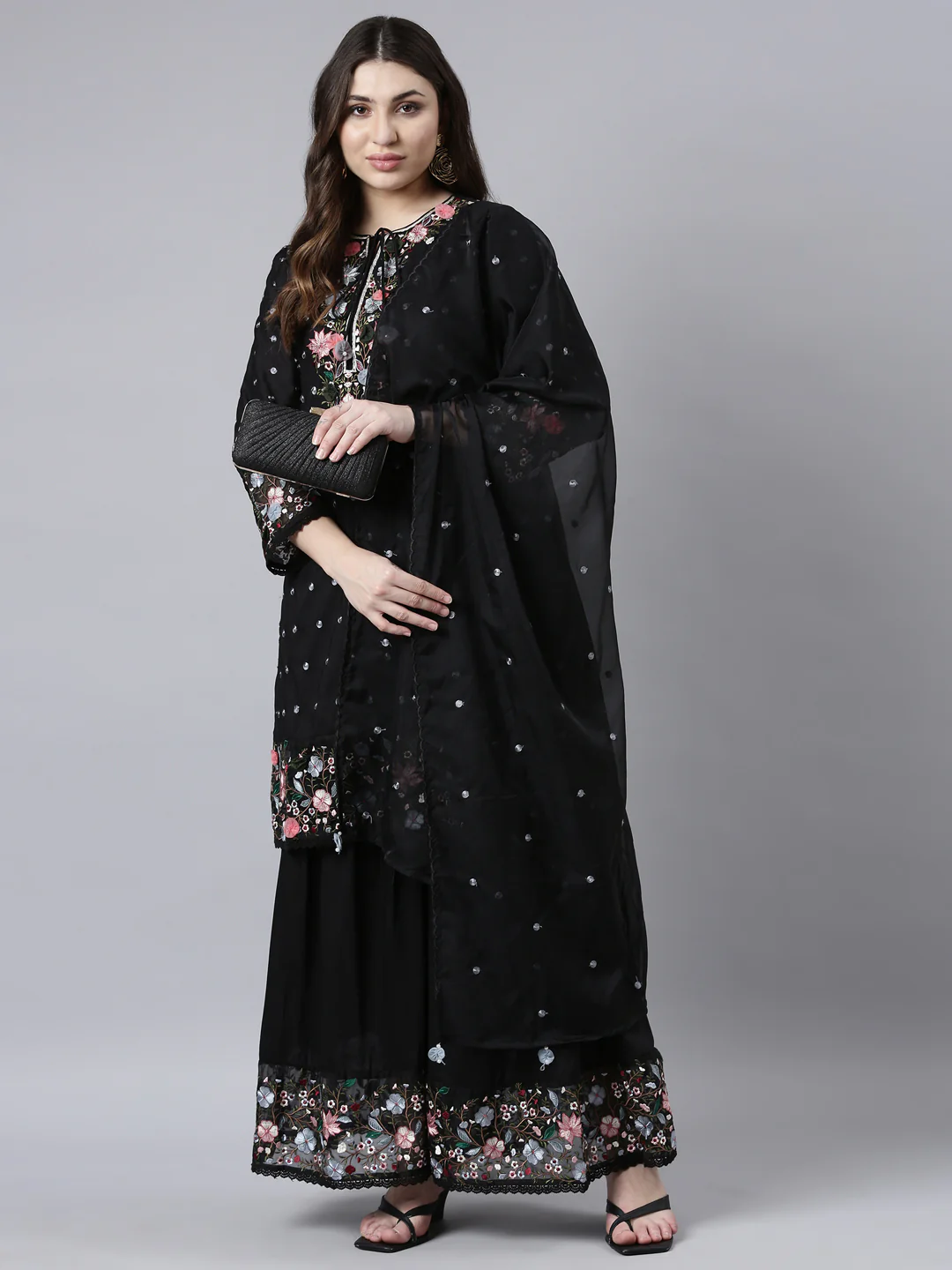 Neerus Black Regular Straight Floral Kurta And Sharara With Dupatta - Image 5