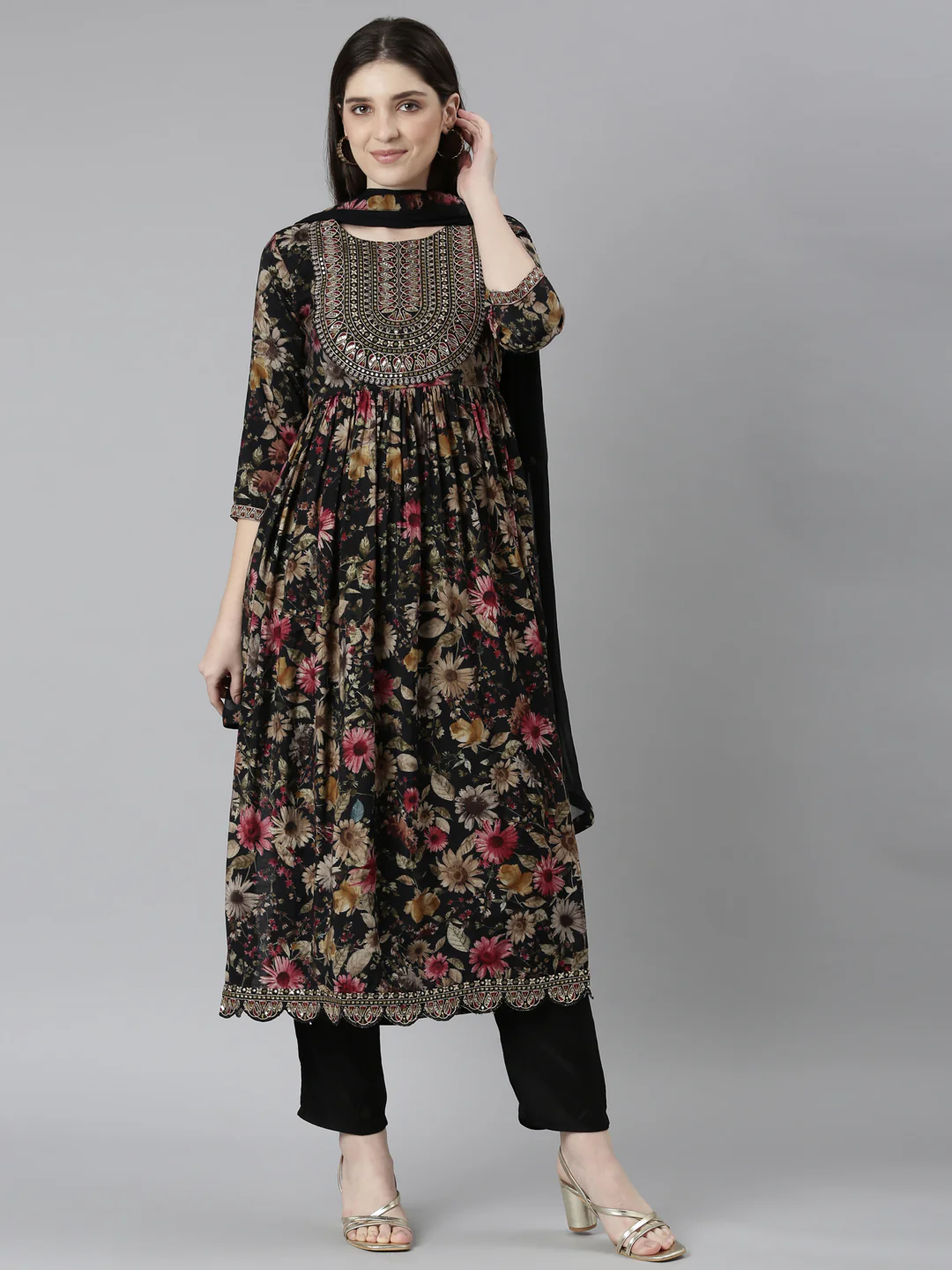 Neerus Black Regular Straight Floral Readymade Suits