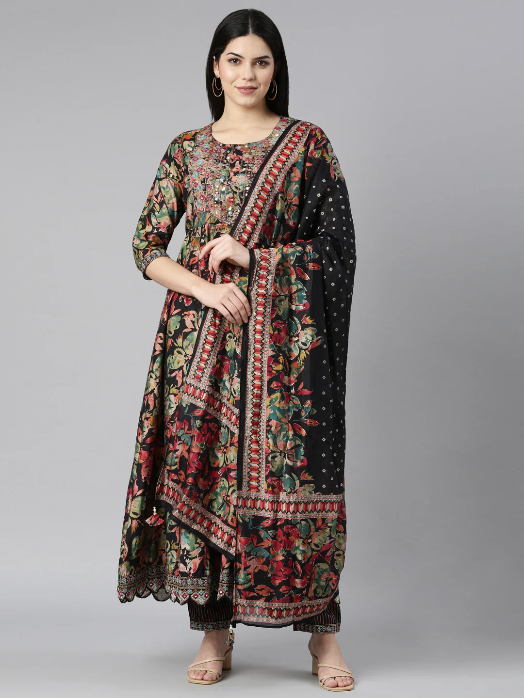 Neerus Black Regular Straight Floral Kurta And Trousers With Dupatta