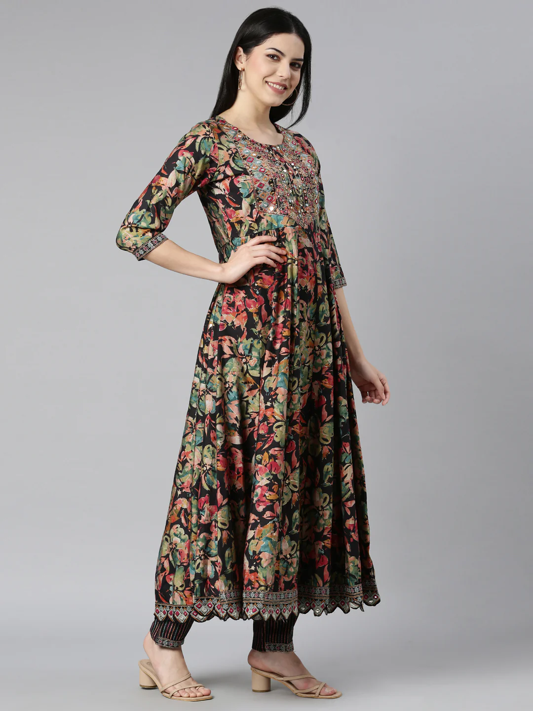 Neerus Black Regular Straight Floral Kurta And Trousers With Dupatta - Image 2