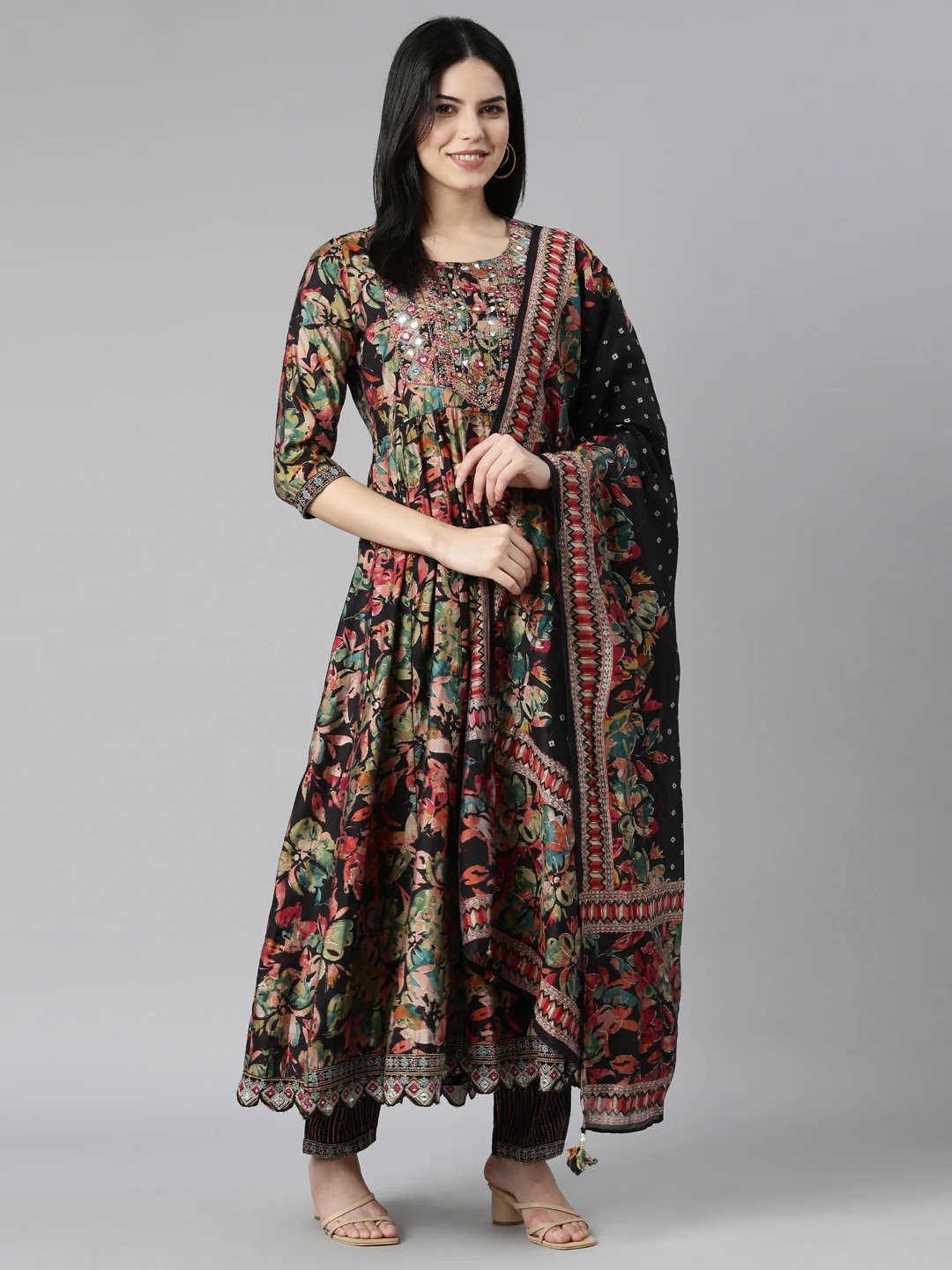 Neerus Black Regular Straight Floral Kurta And Trousers With Dupatta - Image 5