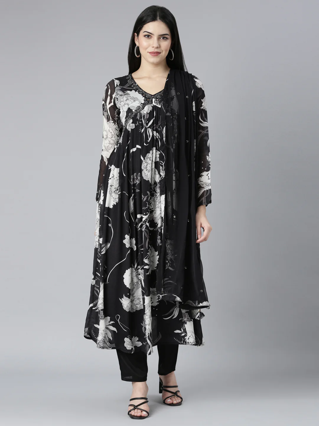 Neerus Black Regular Straight Floral Kurta And Trousers With Dupatta - Image 5