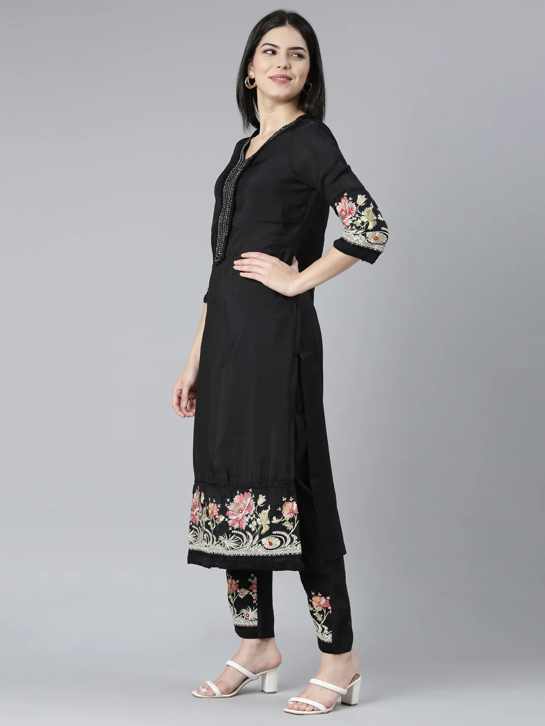 Neerus Black Regular Straight Floral Kurta And Trousers With Dupatta - Image 2