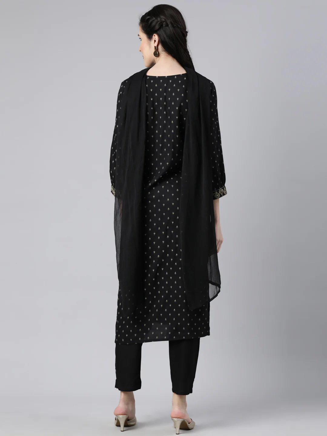 Neerus Black Regular Straight Floral Kurta And  Trousers With Dupatta - Image 3