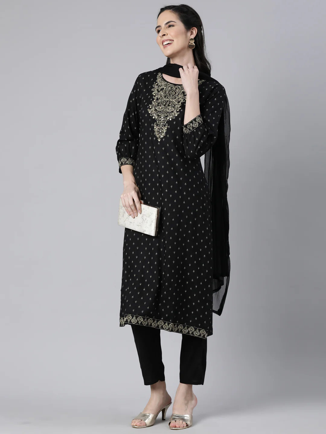 Neerus Black Regular Straight Floral Kurta And  Trousers With Dupatta - Image 5