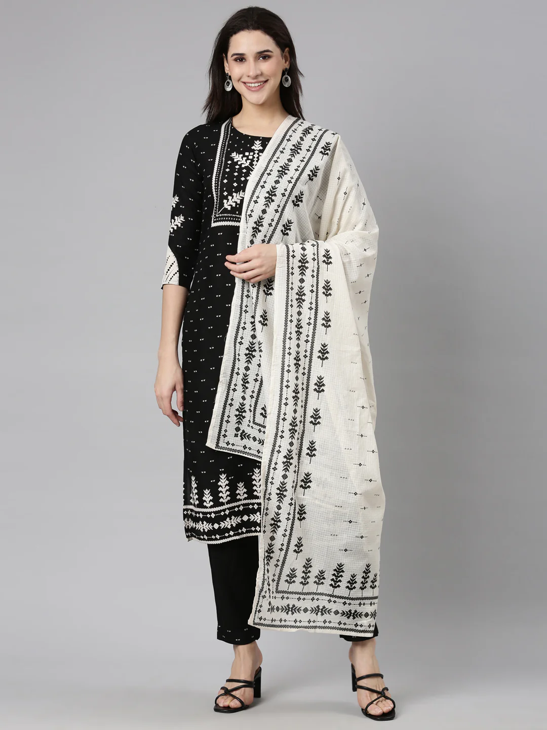 Neerus Black Regular Straight Floral Kurta And Trousers With Dupatta
