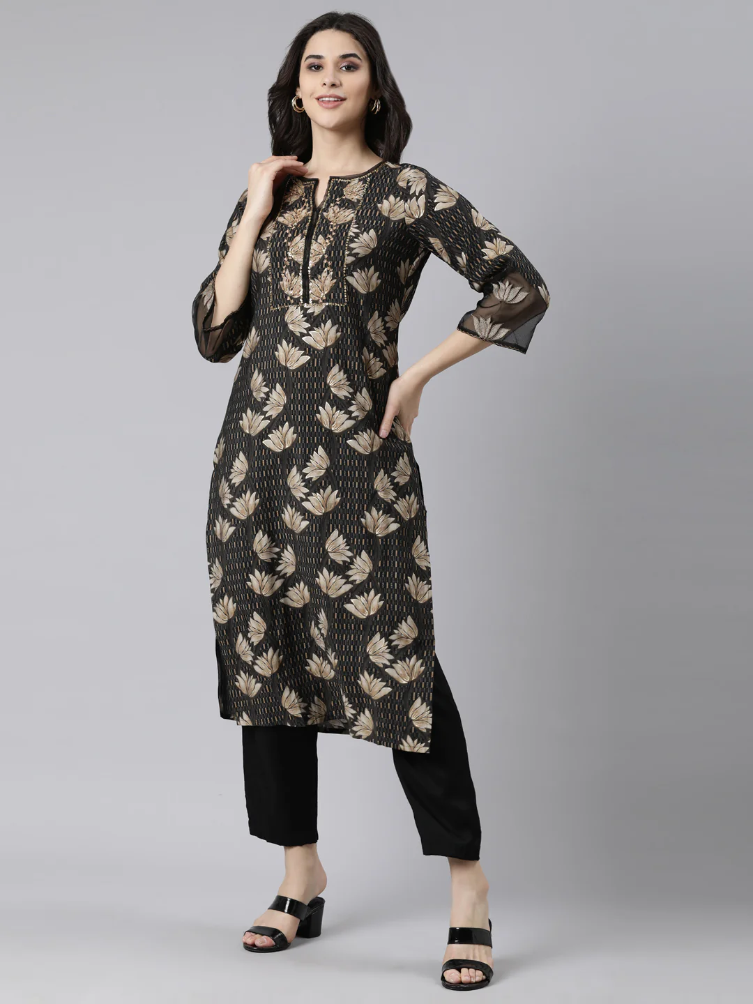 Neerus Black Regular Straight Floral Kurta And  Trousers With Dupatta - Image 2