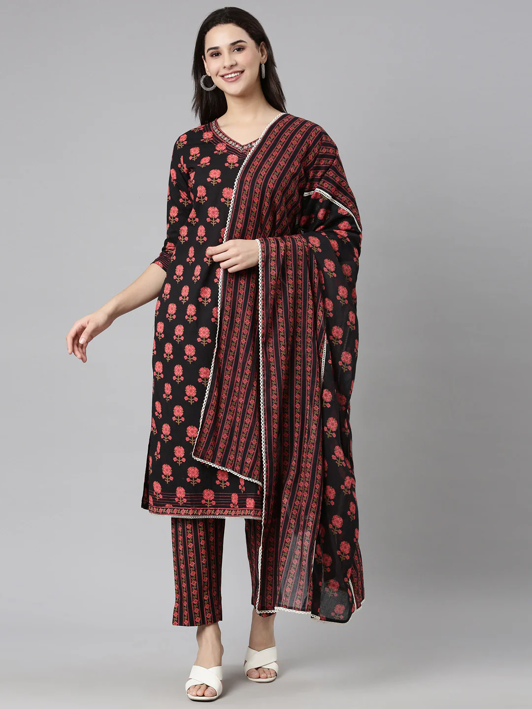 Neerus Black Regular Straight Floral Kurta And Trousers With Dupatta