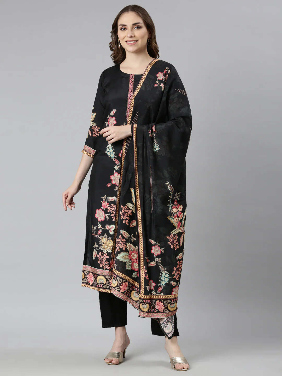 Neerus Black Regular Straight Floral Kurta And Trousers With Dupatta