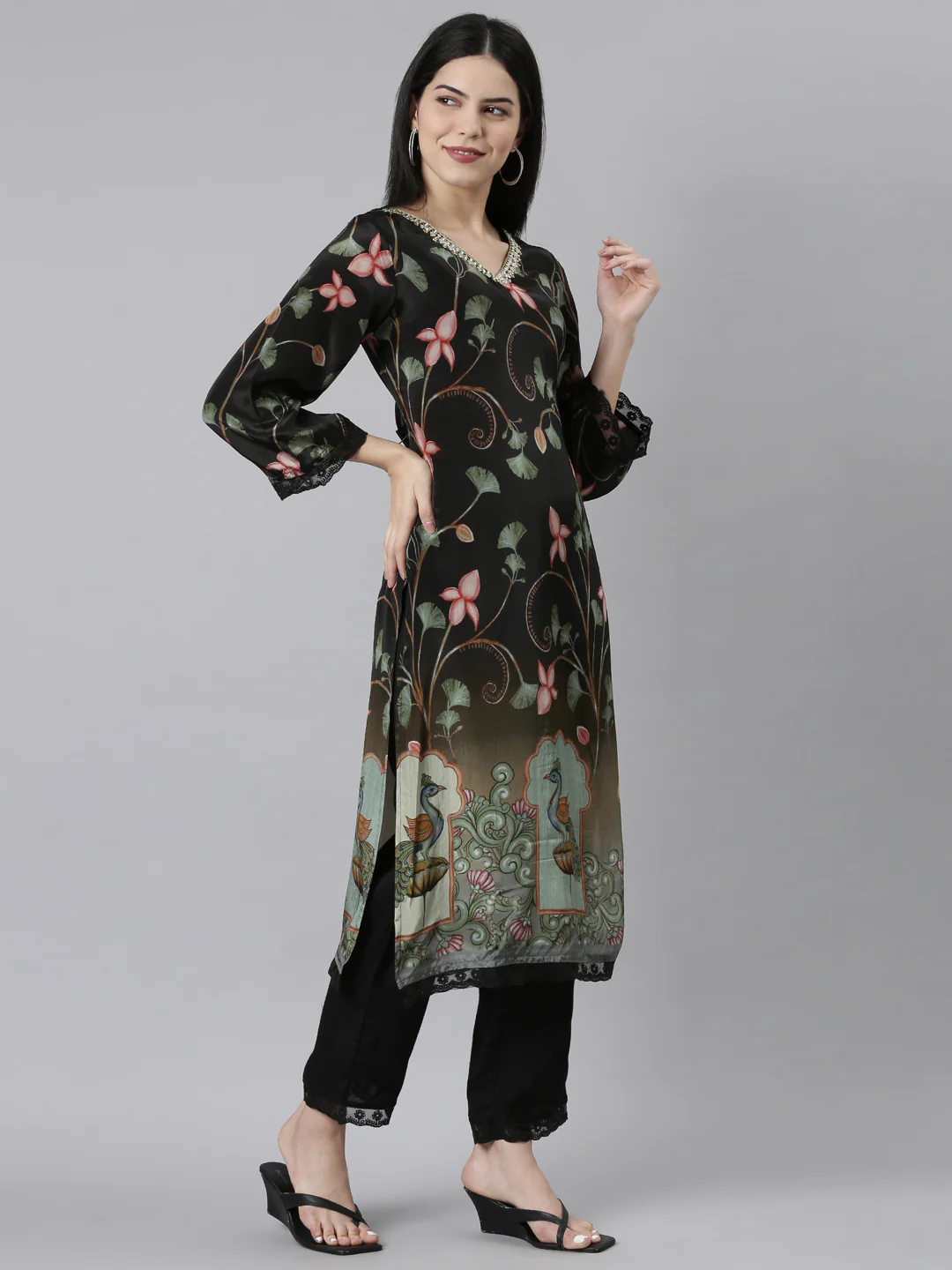 Neerus Black Regular Straight Floral Kurta And Trousers With Dupatta - Image 2