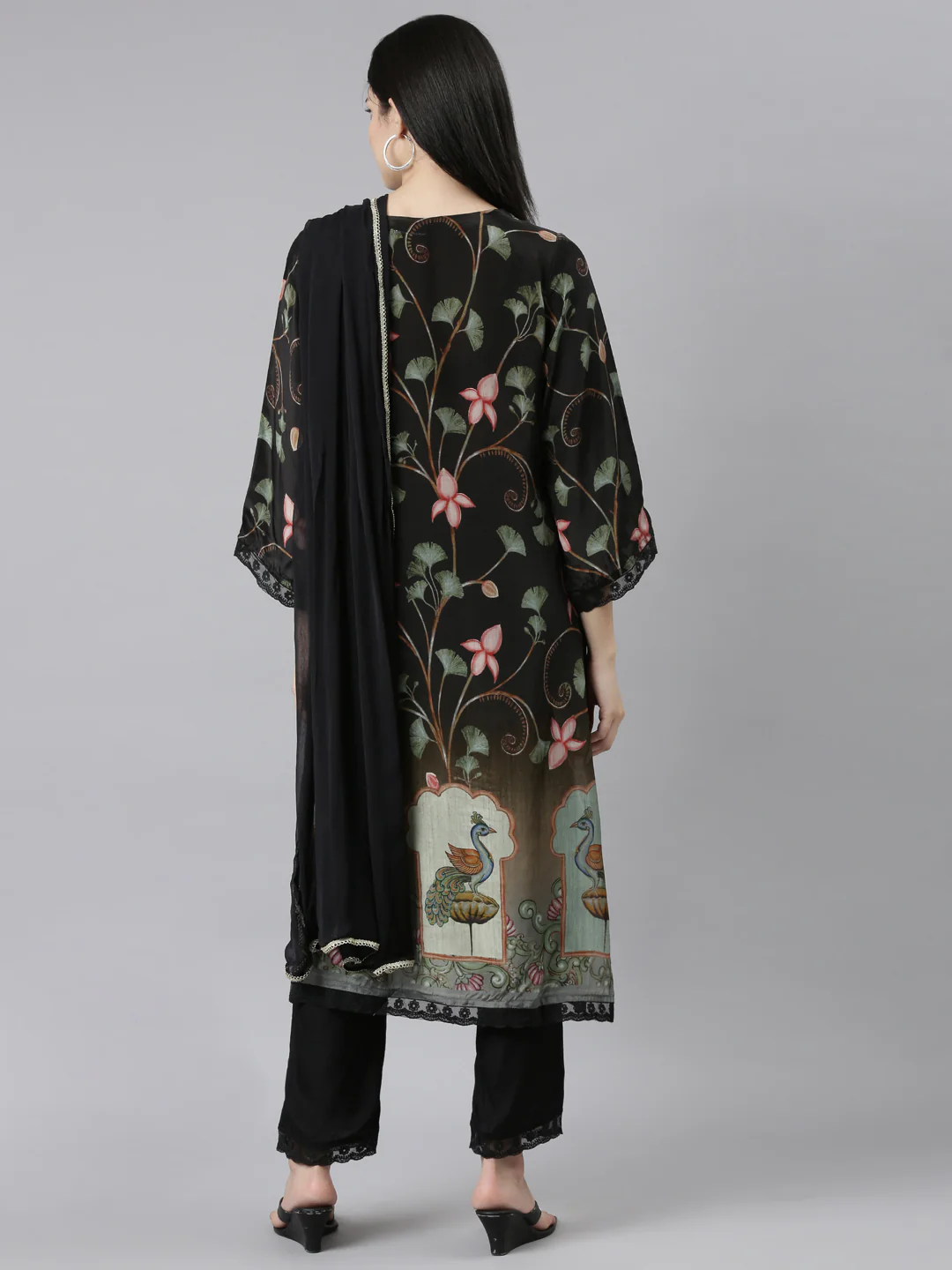 Neerus Black Regular Straight Floral Kurta And Trousers With Dupatta - Image 3