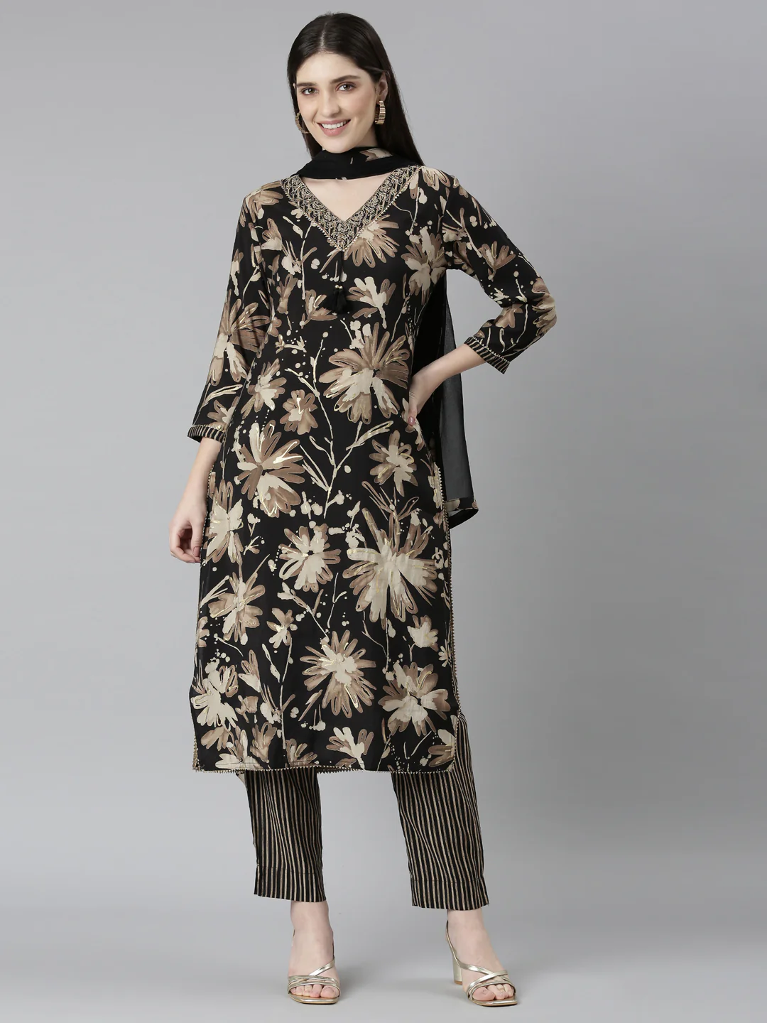 Neerus Black Regular Straight Floral Readymade Suits