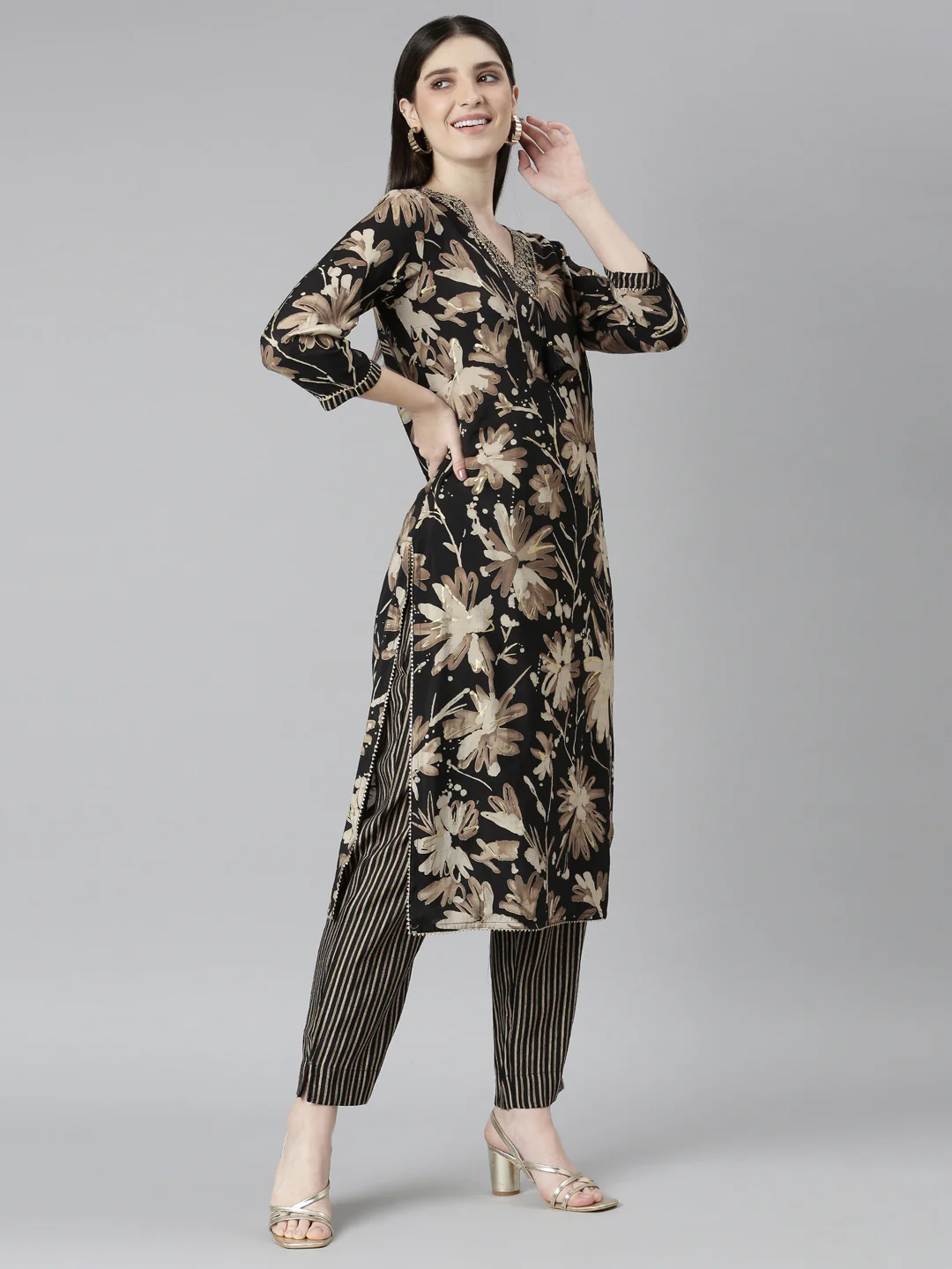 Neerus Black Regular Straight Floral Readymade Suits - Image 2