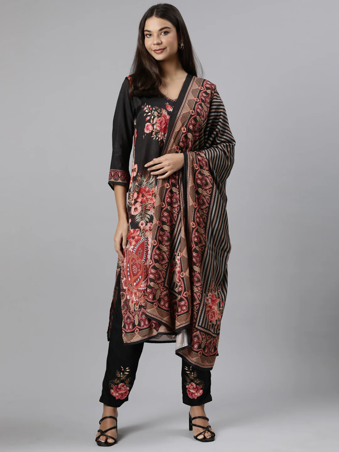 Neerus Black Regular Straight Floral Readymade Suits