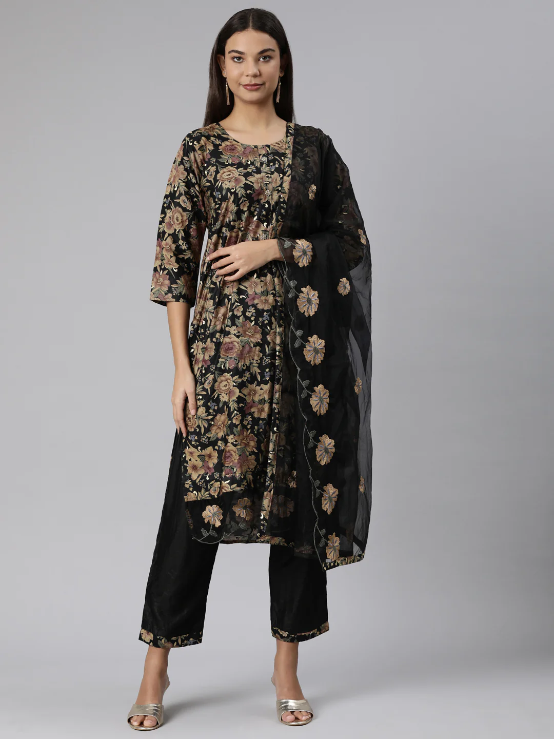 Neerus Black Regular Straight Floral Readymade Suits