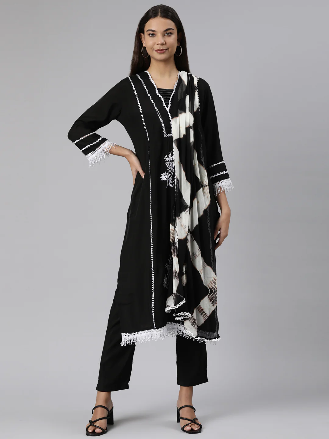 Neerus Black Regular Straight Floral Readymade Suits
