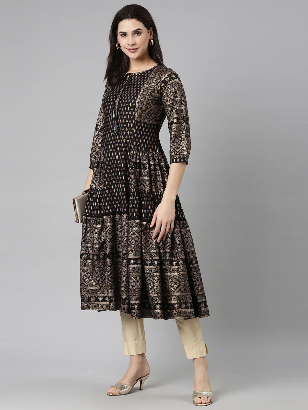 Neerus Black Regular Straight Floral Kurta - Image 5