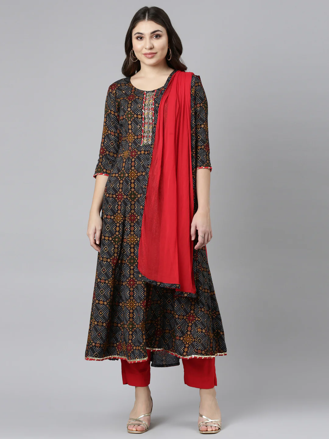Neerus Black Regular Straight Printed Readymade Suits