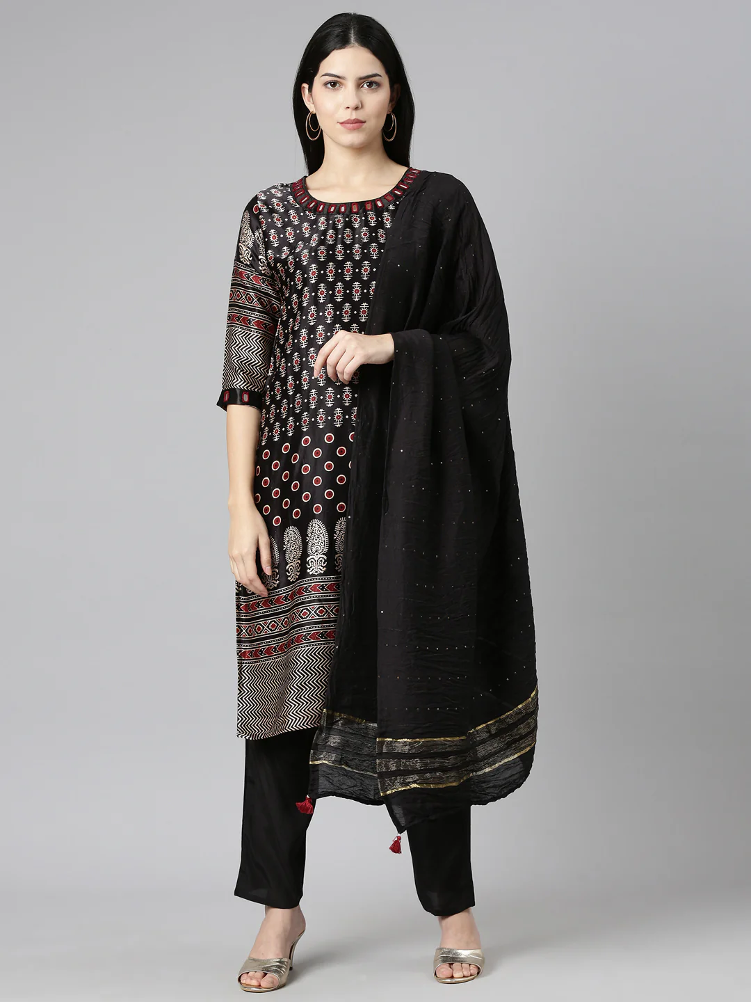 Neerus Black Regular Straight Printed Readymade Suits
