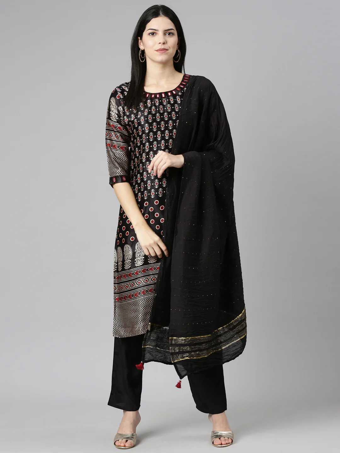 Neerus Black Regular Straight Printed Readymade Suits - Image 5
