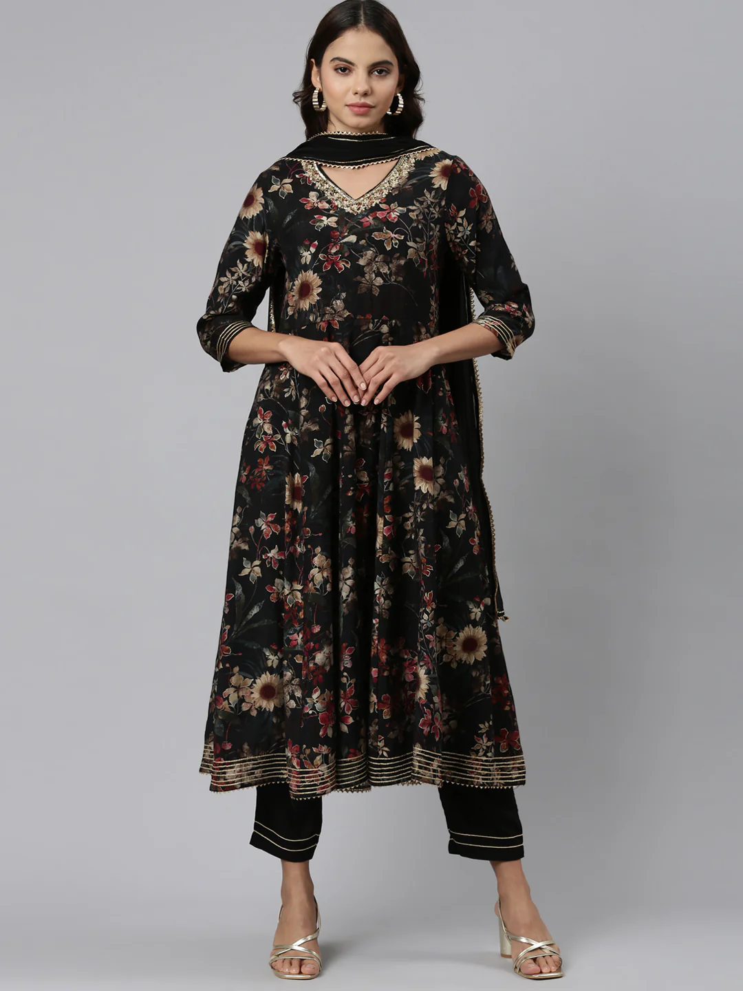 Neerus Black Regular Straight Printed Readymade Suits
