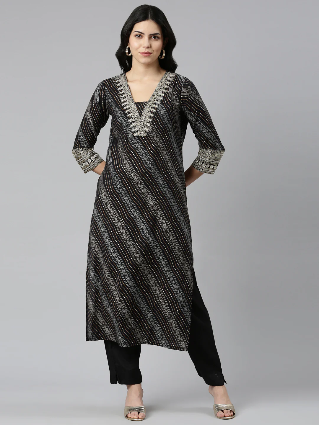 Neerus Black Regular Straight Printed Readymade Suits