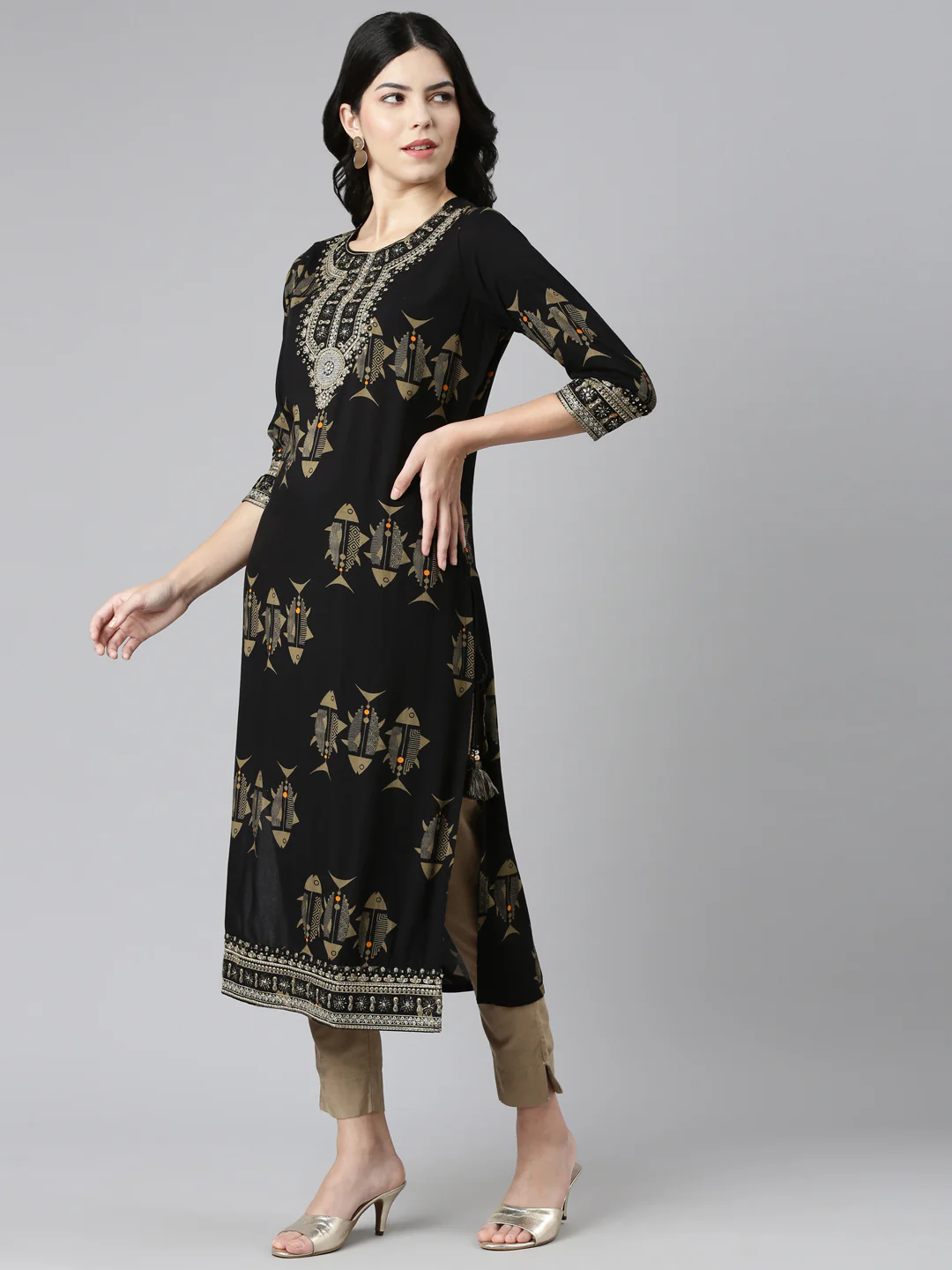 Neerus Black Regular Straight Printed Kurta - Image 2