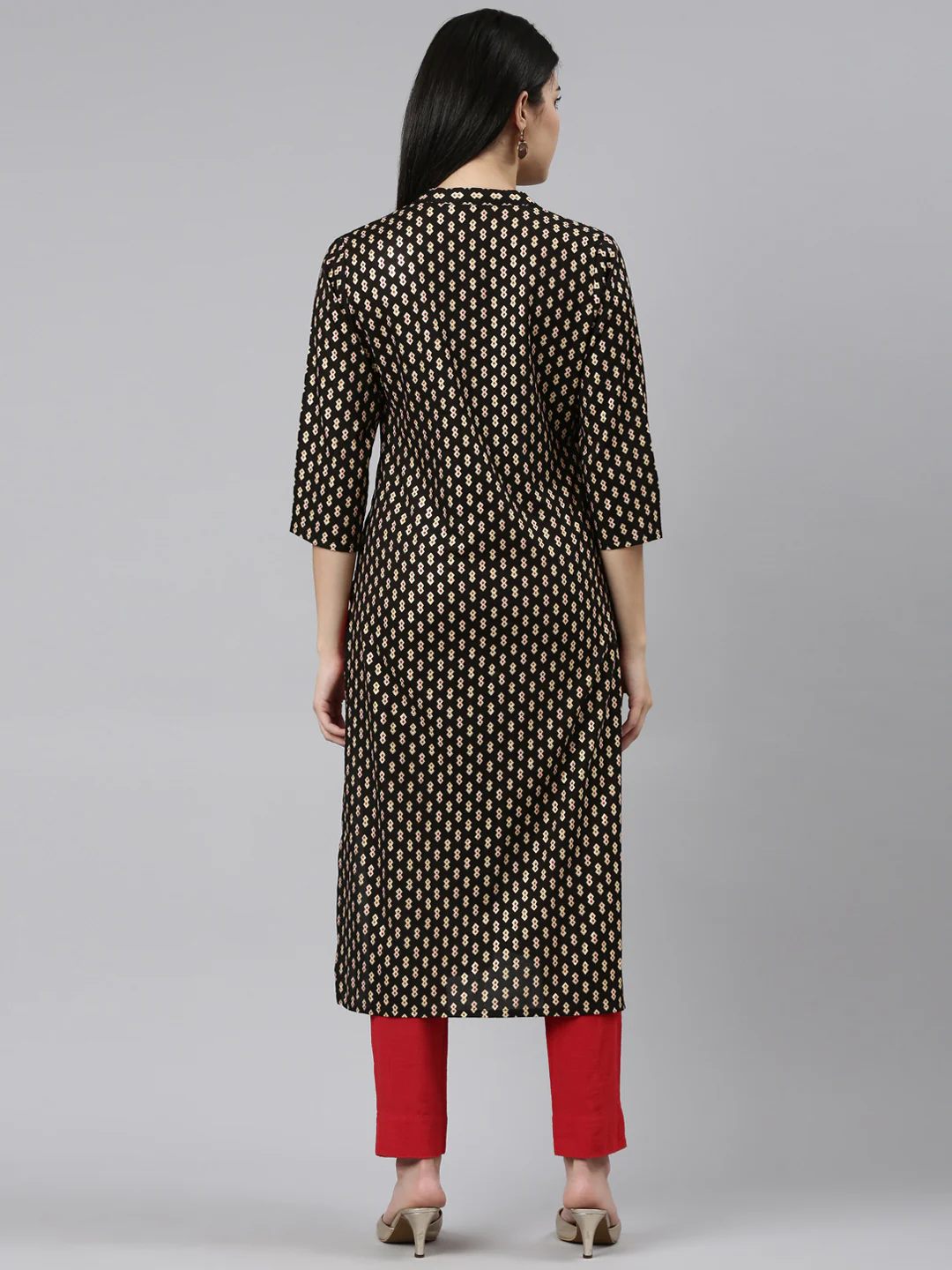 Neerus Black Regular Straight Printed Kurta - Image 3