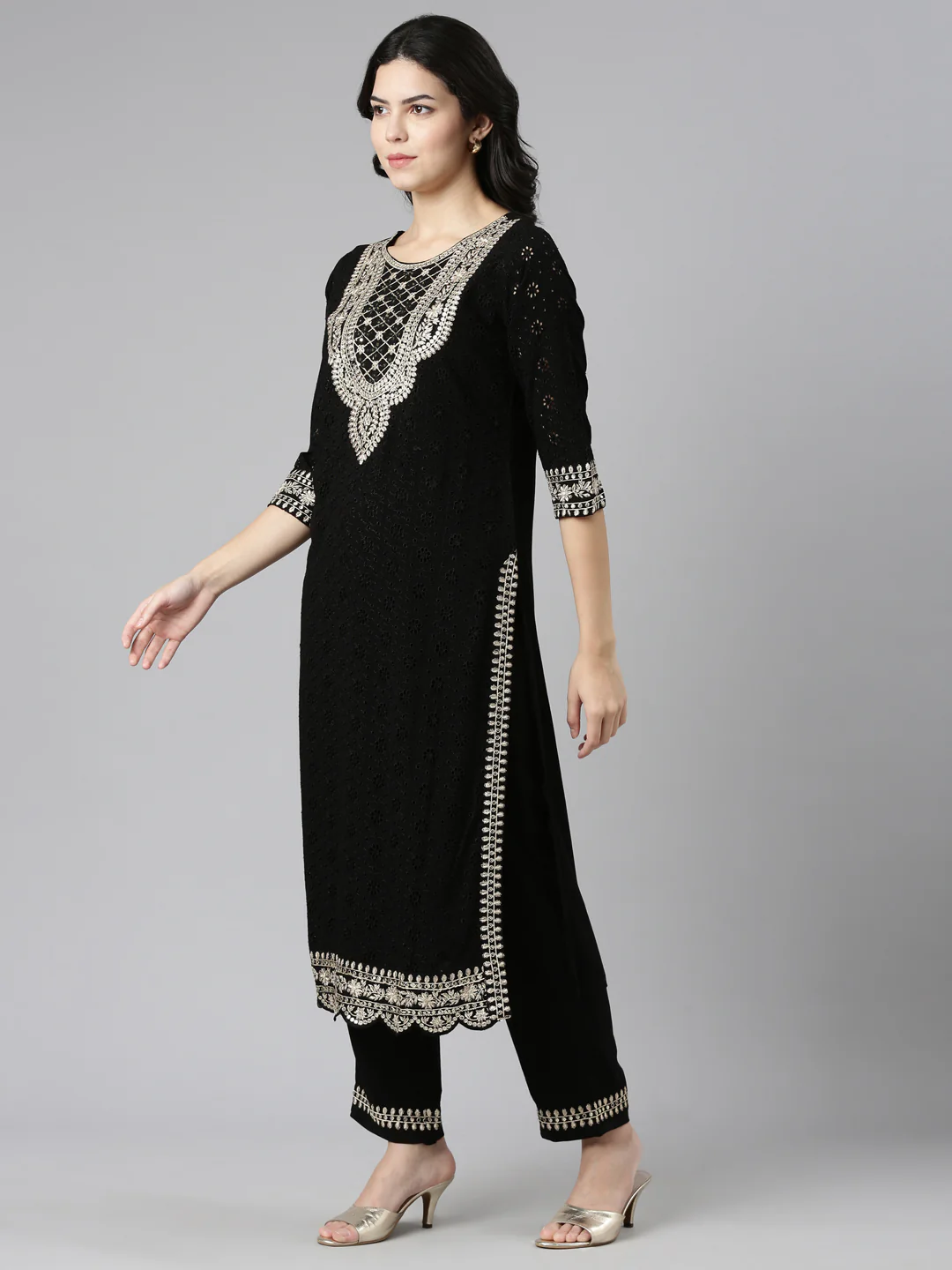 Neerus Black Regular Straight Solid Readymade Suits - Image 2
