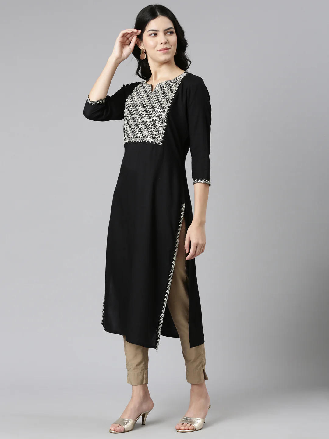 Neerus Black Regular Straight Solid Kurta - Image 2