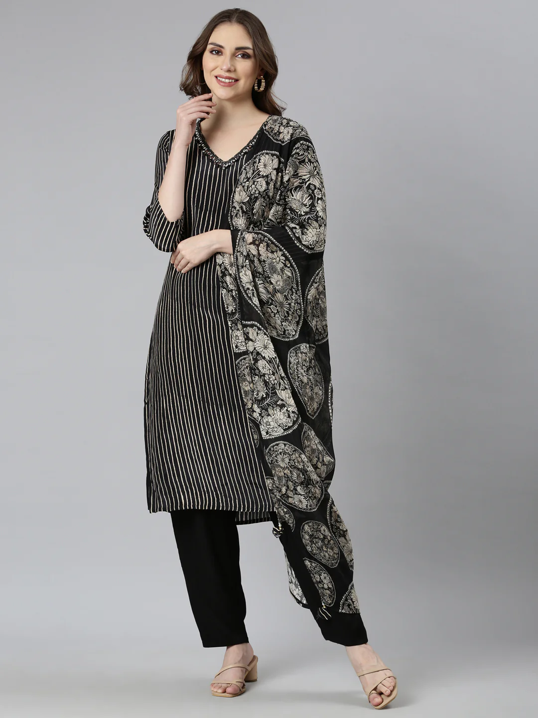 Neerus Black Regular Straight Striped Kurta And Trousers With Dupatta