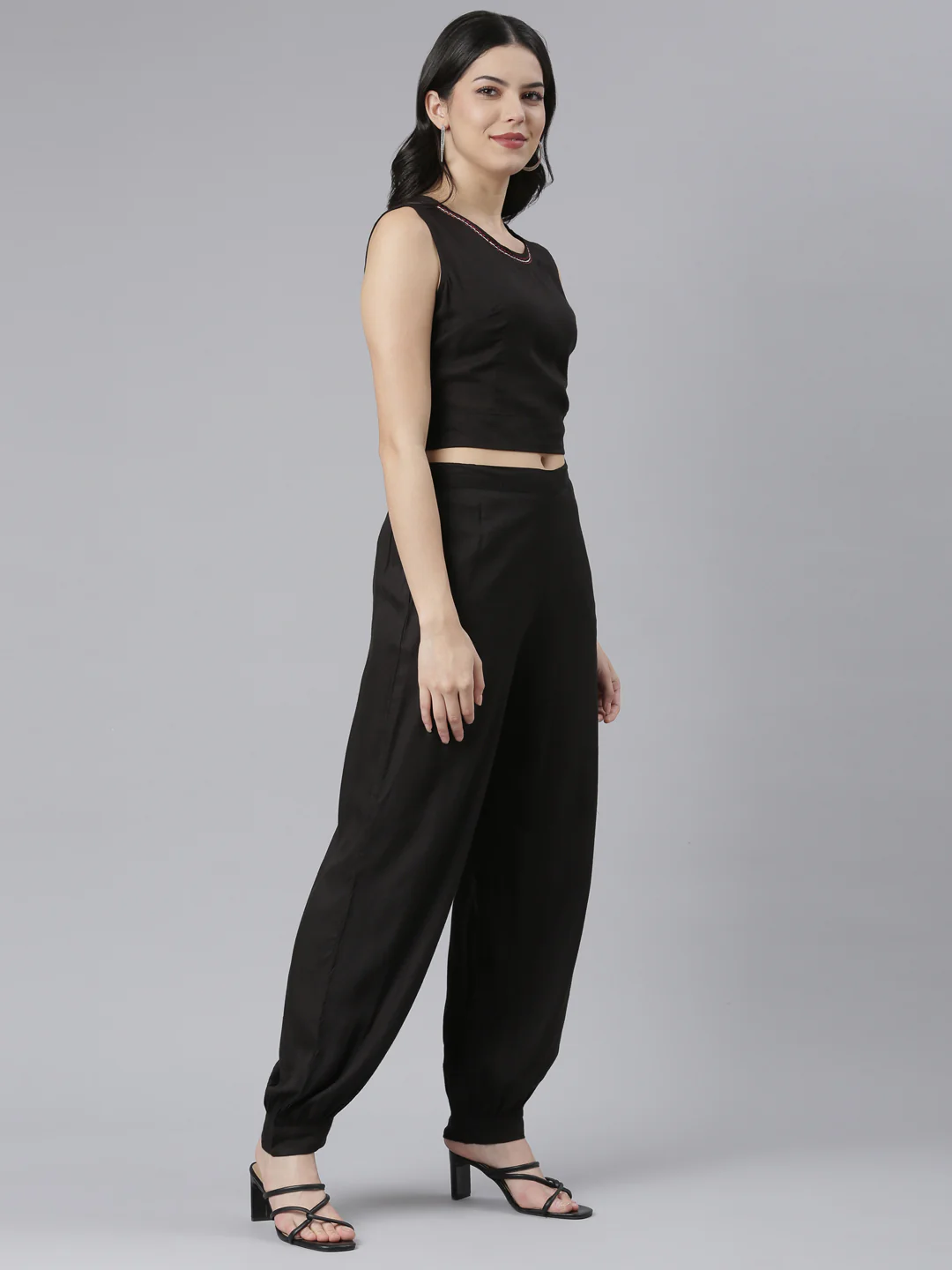 Neerus Black Regular Straight Tribal Top And Salwar With Jacket - Image 2