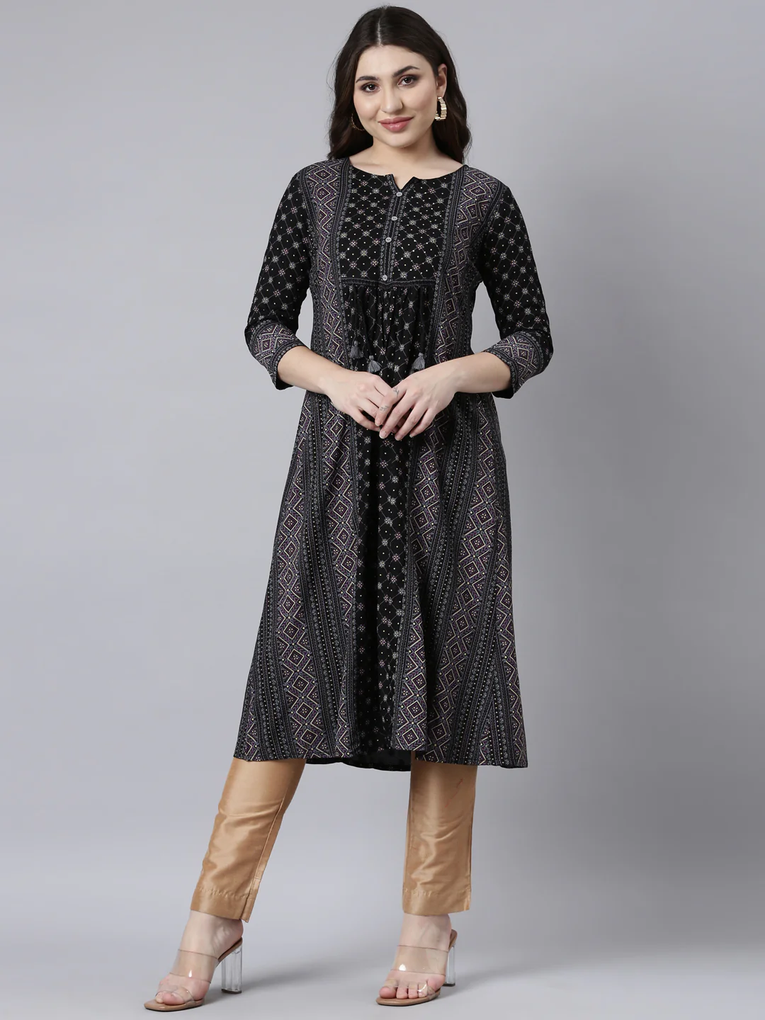 Neerus Black Regular Straight Woven Design Kurta