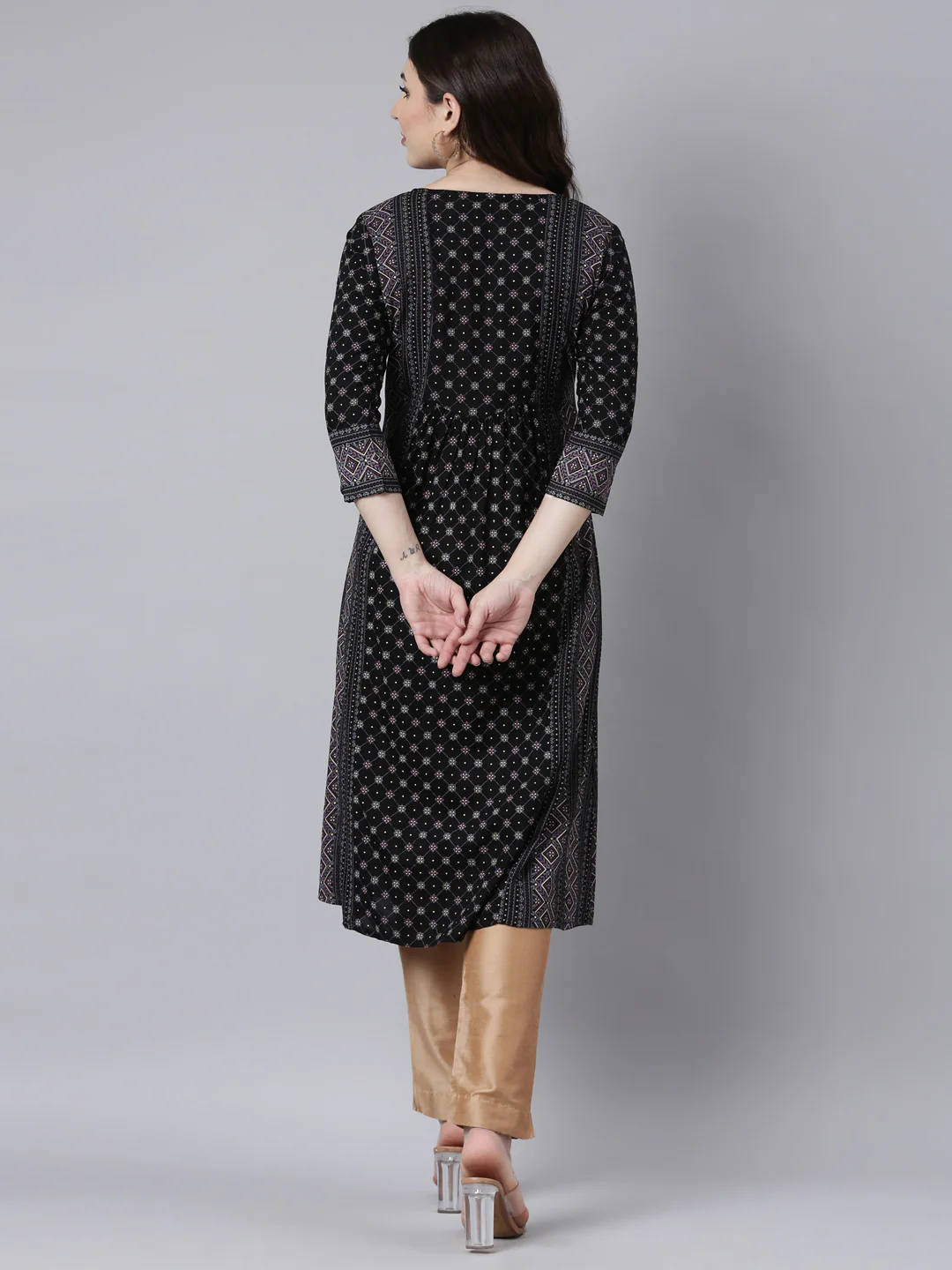 Neerus Black Regular Straight Woven Design Kurta - Image 3