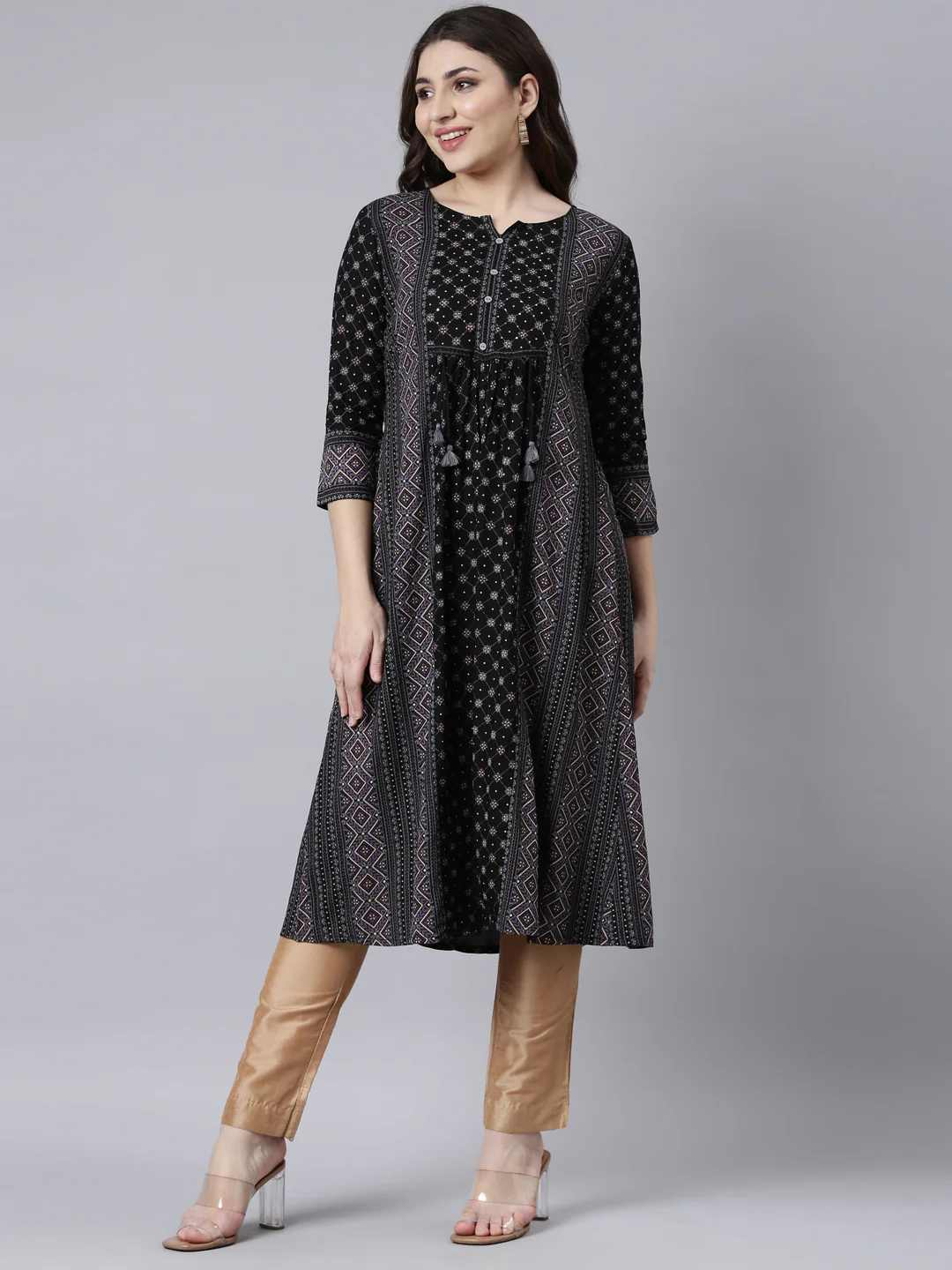 Neerus Black Regular Straight Woven Design Kurta - Image 5