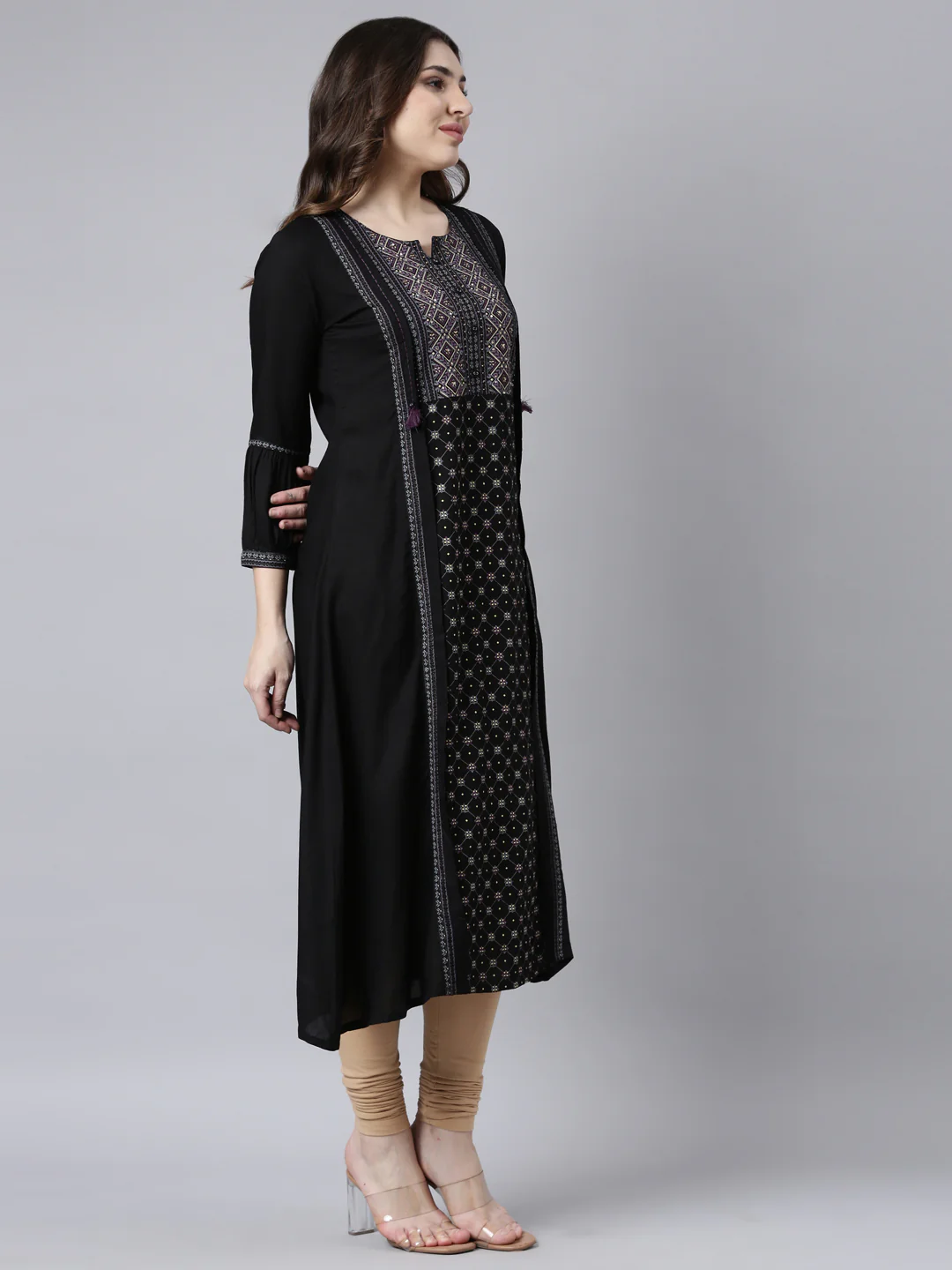 Neerus Black Regular Straight Woven Design Kurta - Image 2