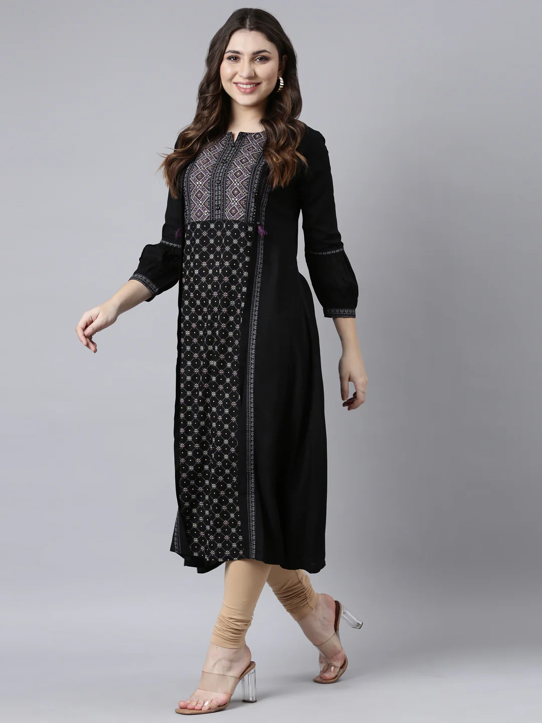 Neerus Black Regular Straight Woven Design Kurta - Image 4