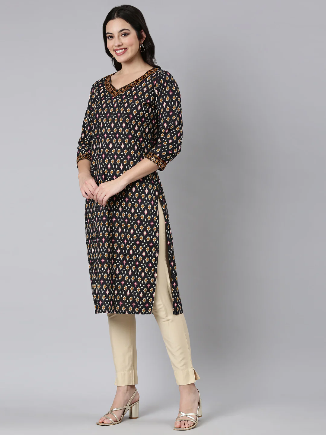 Neerus Black Regular Straight Woven Design Kurta - Image 2