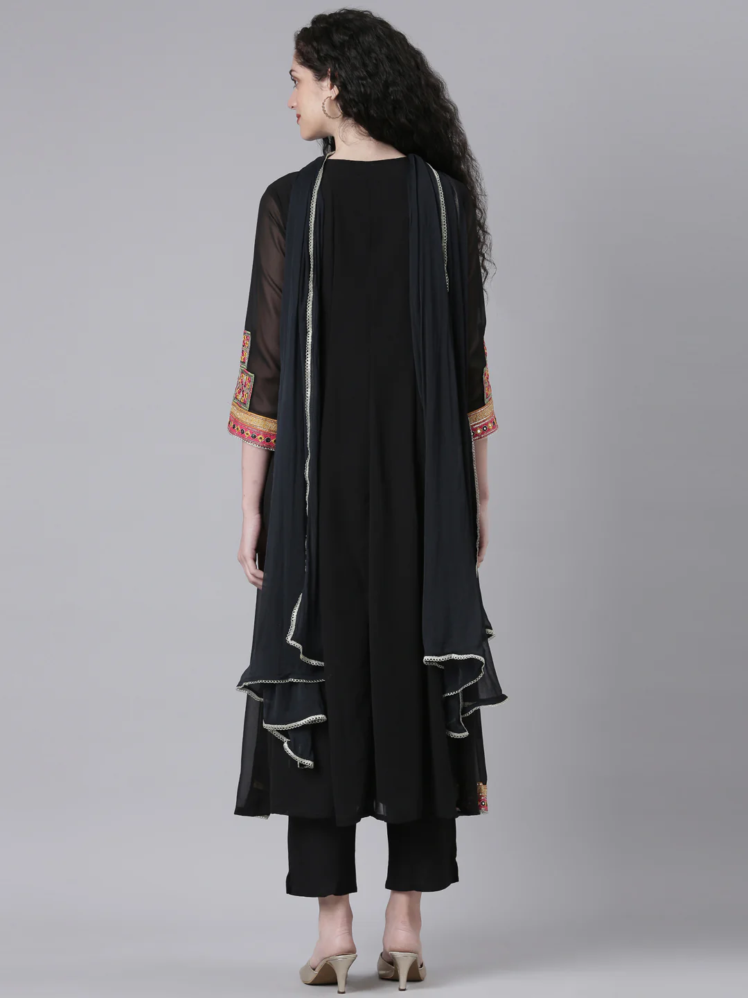Neerus Black Solid Anarkali Kurta and Trousers With Dupatta - Image 3