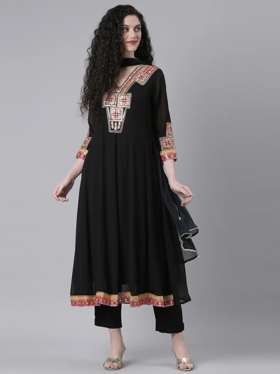 Neerus Black Solid Anarkali Kurta and Trousers With Dupatta - Image 5