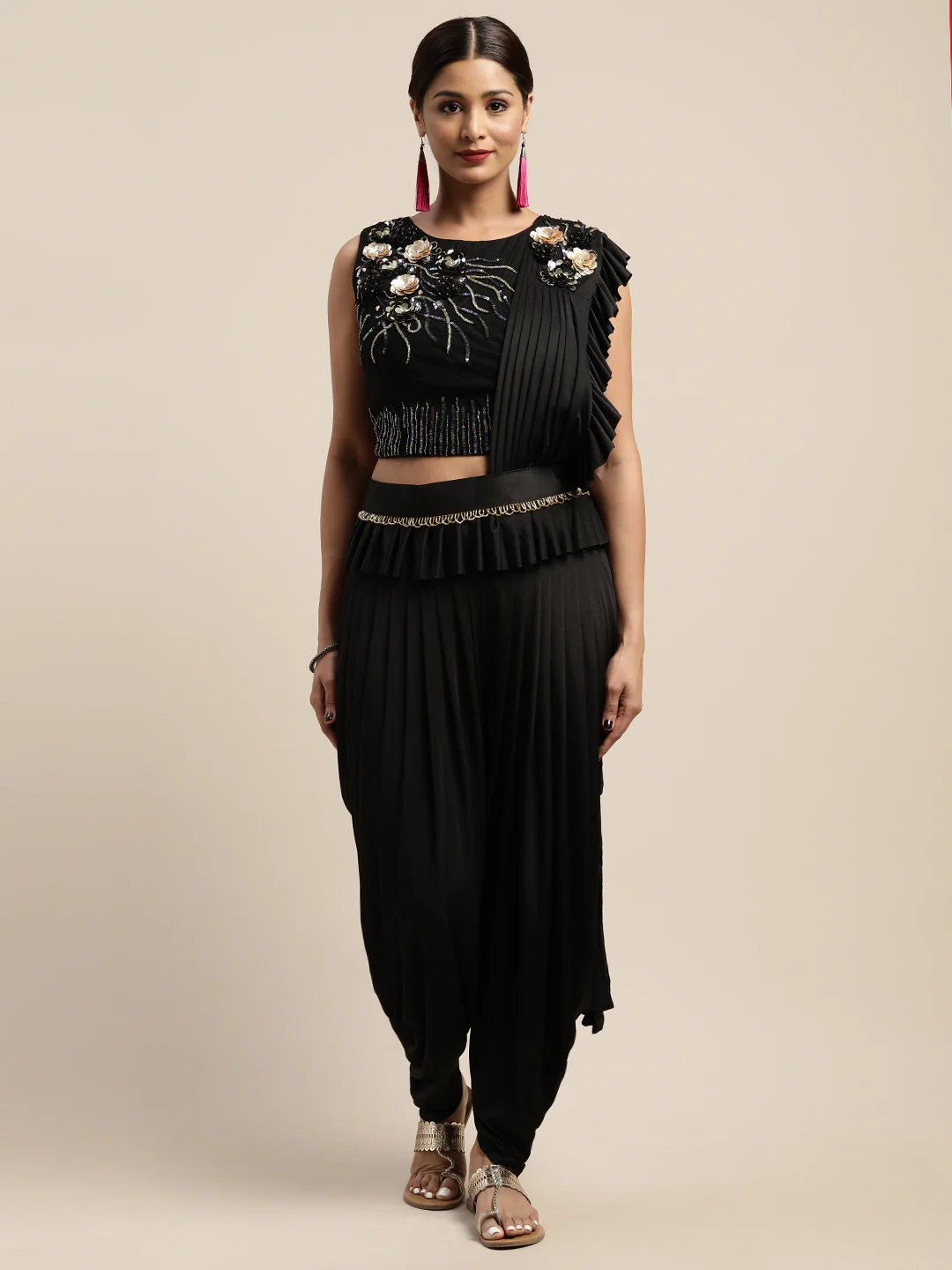 Neerus Black Solid Ready To Wear Saree With Blouse