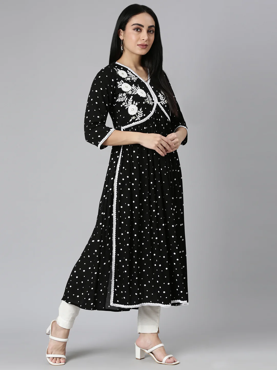 Neerus Black Straight Casual Floral Anarkali Kurta - Image 5
