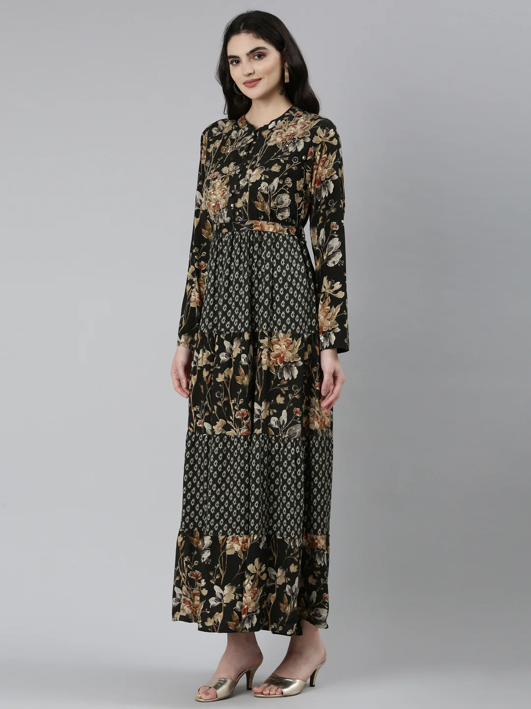 Neerus Black Straight Casual Floral Dresses - Image 2