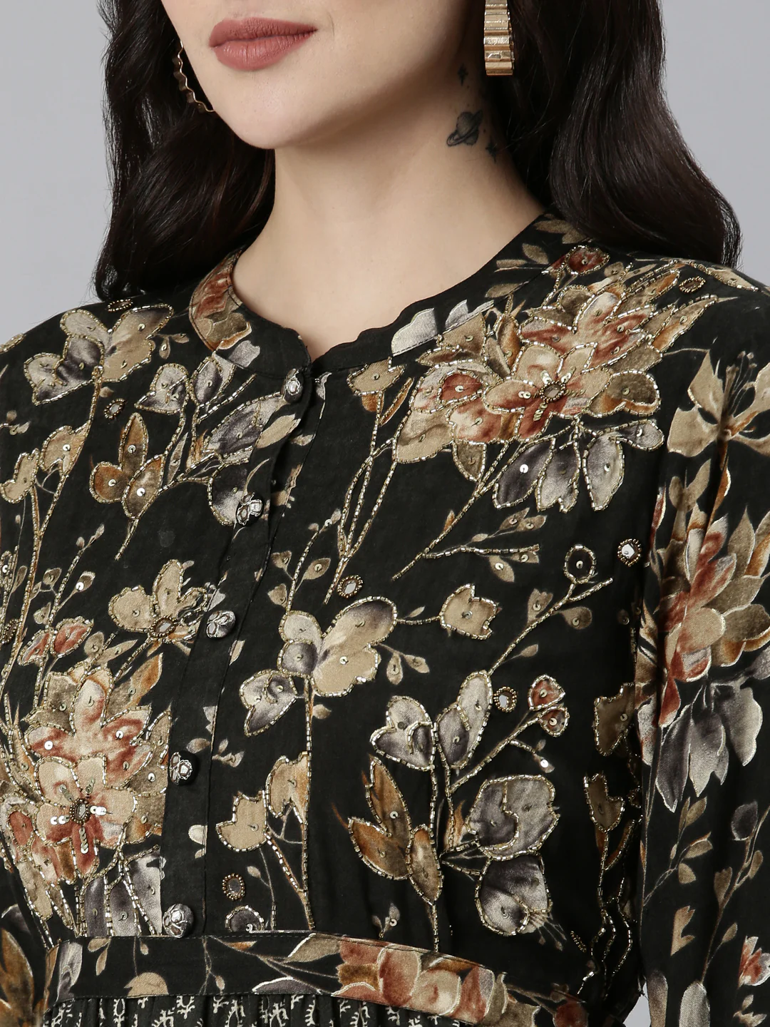 Neerus Black Straight Casual Floral Dresses - Image 4